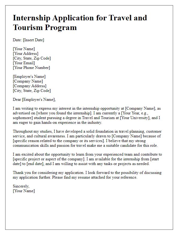 Letter template of internship application for travel and tourism program.