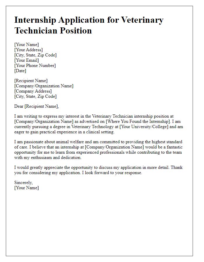 Letter template of internship application for veterinary technician aspirants