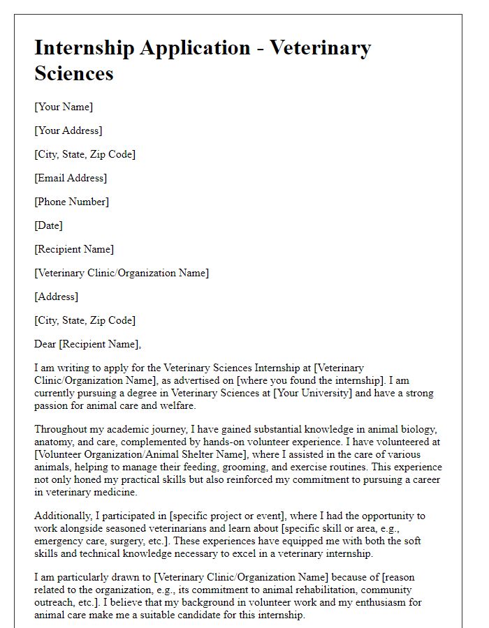 Letter template of veterinary sciences internship application highlighting volunteer experience