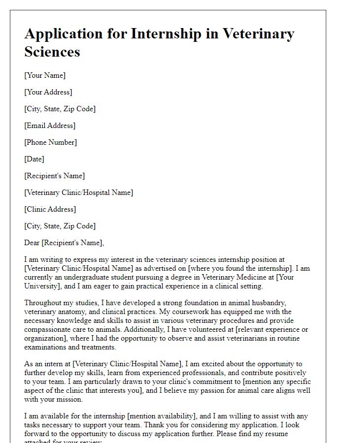 Letter template of veterinary sciences internship application for undergraduate students