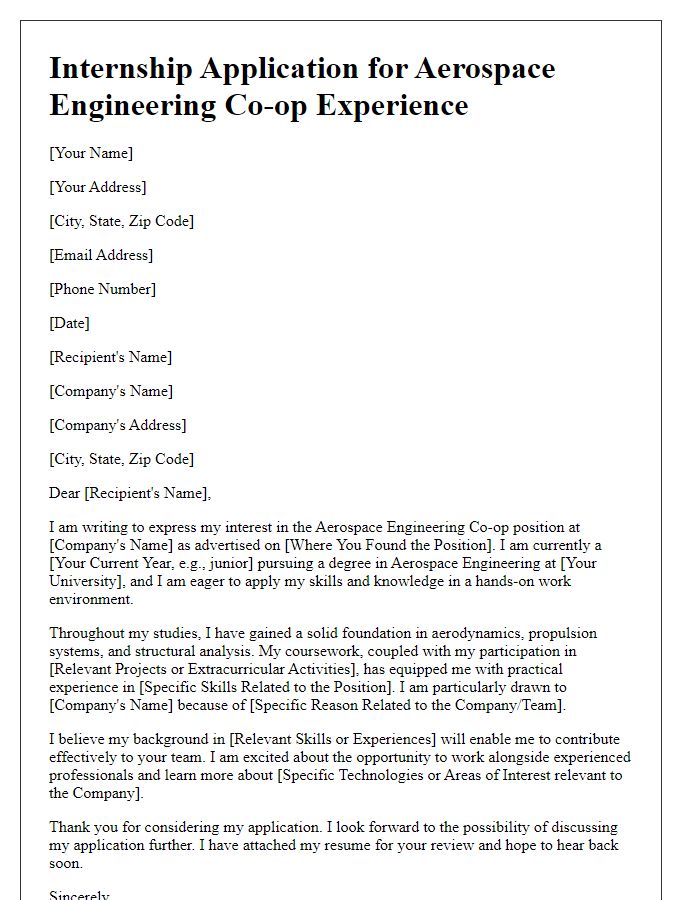 Letter template of internship application for aerospace engineering co-op experience.