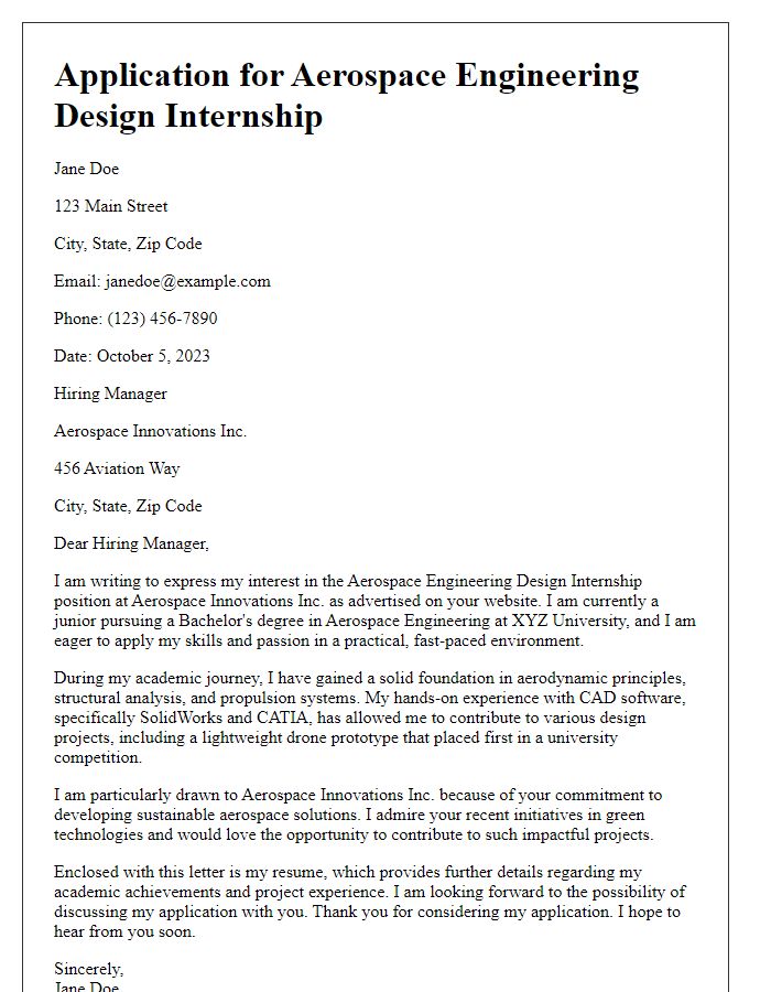 Letter template of internship application for aerospace engineering design internship.