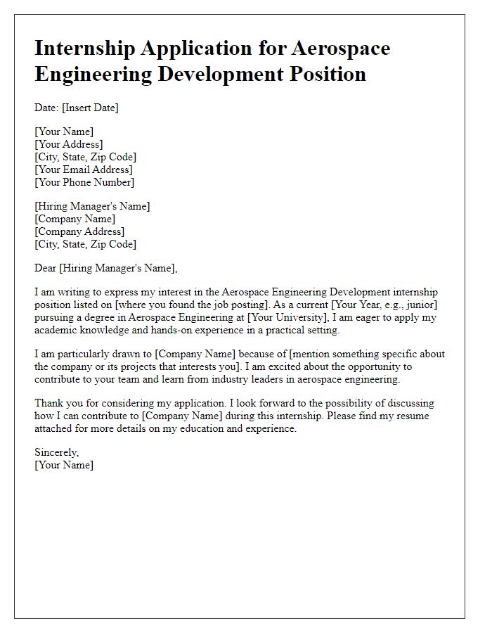 Letter template of internship application for aerospace engineering development position.