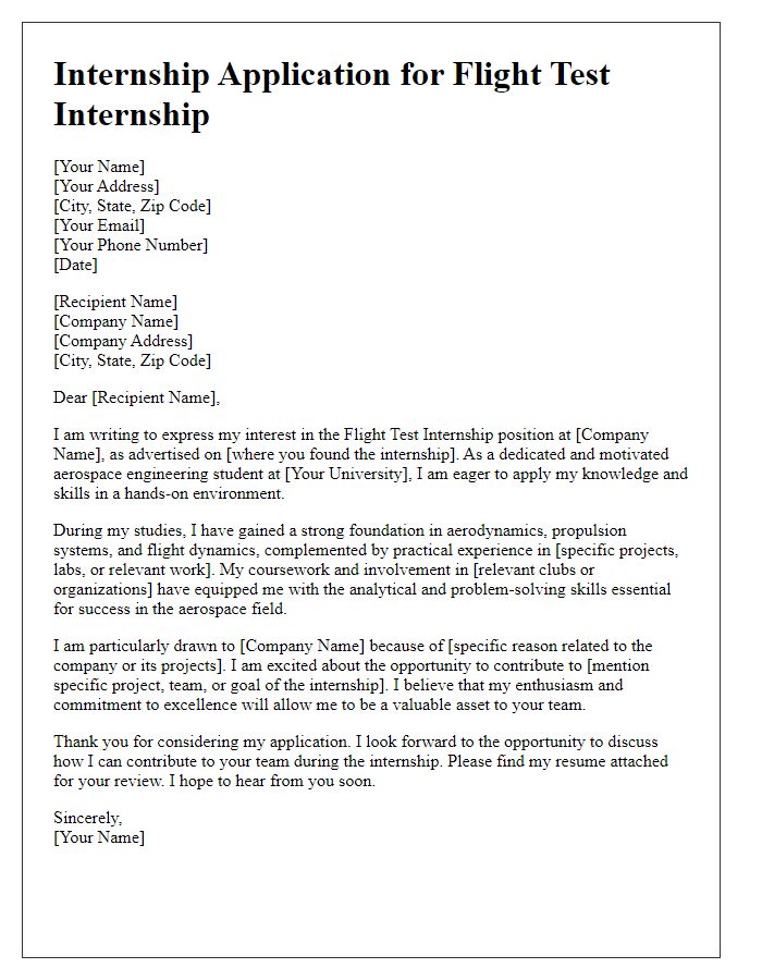 Letter template of internship application for aerospace engineering flight test internship.