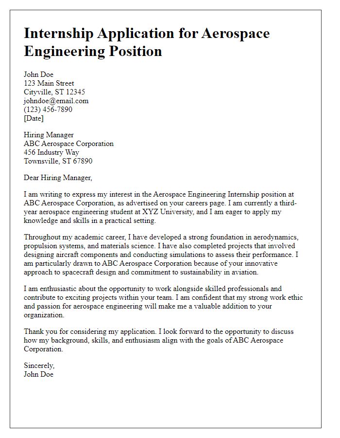 Letter template of internship application for aerospace engineering position.