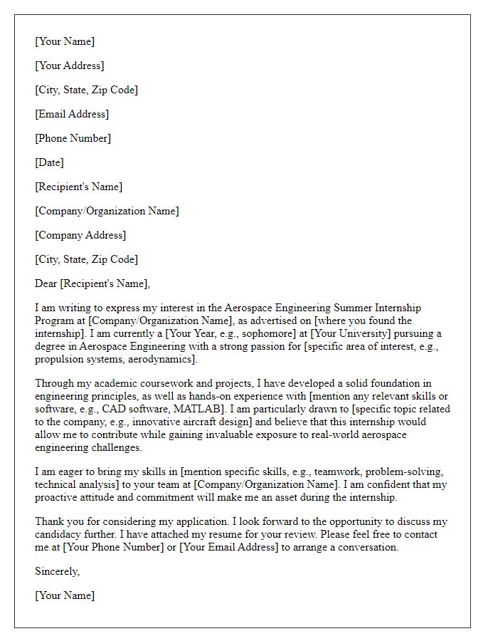 Letter template of internship application for aerospace engineering summer program.