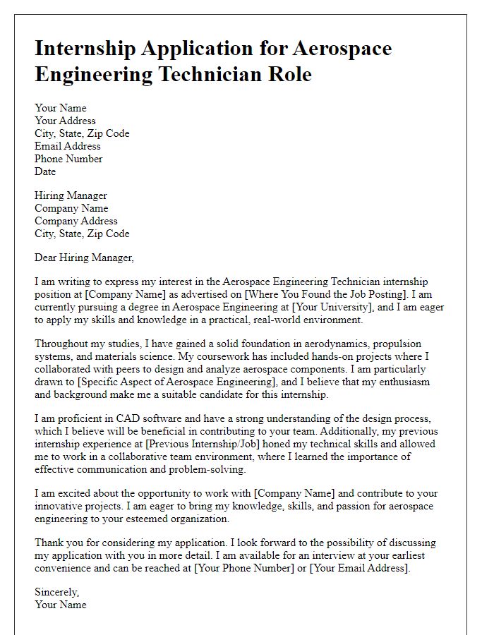 Letter template of internship application for aerospace engineering technician role.