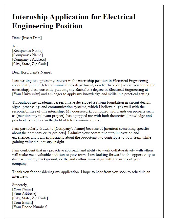 Letter template of internship application for electrical engineering aimed at telecommunications.