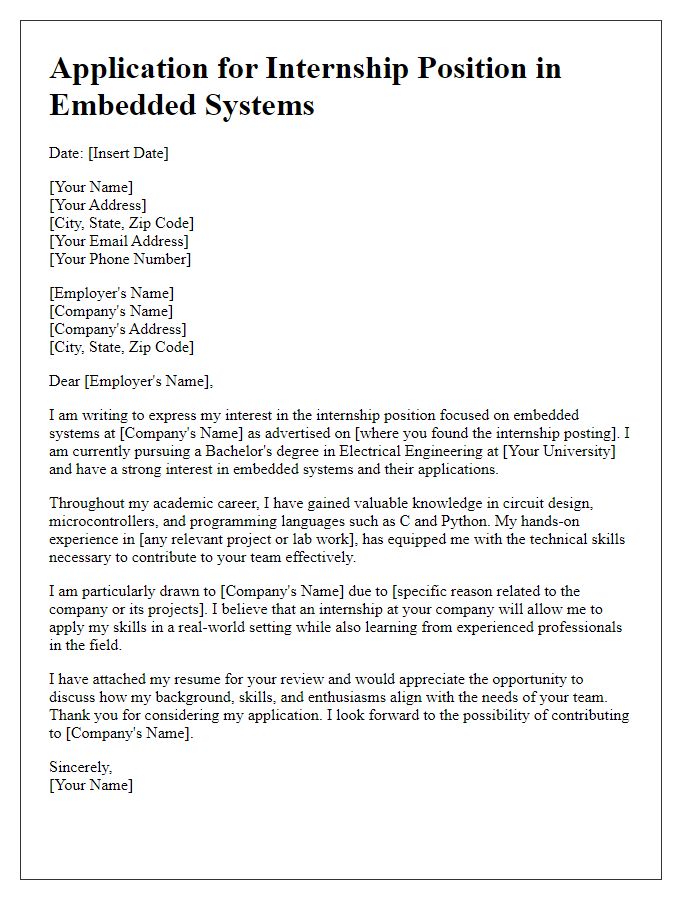 Letter template of internship application for electrical engineering directed towards embedded systems.