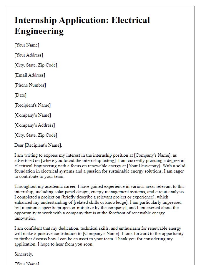 Letter template of internship application for electrical engineering with a focus on renewable energy.