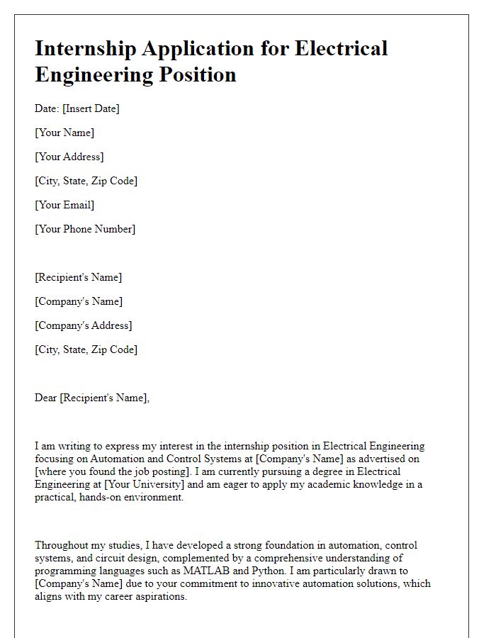 Letter template of internship application for electrical engineering focusing on automation and control systems.