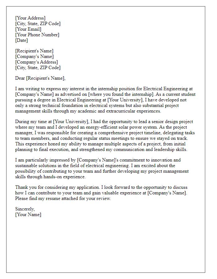 Letter template of internship application for electrical engineering highlighting project management experience.