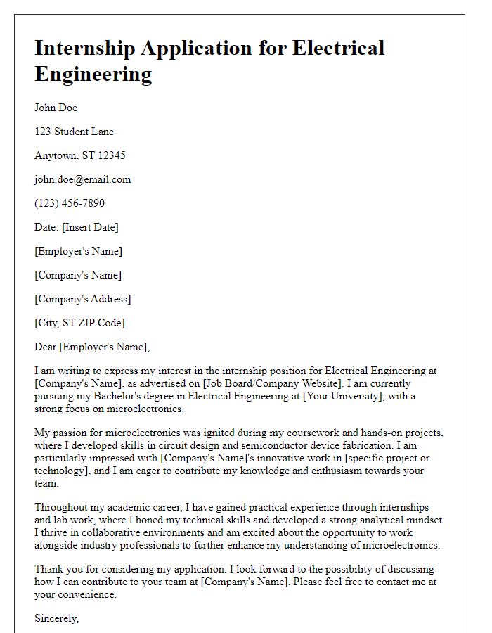 Letter template of internship application for electrical engineering with an interest in microelectronics.