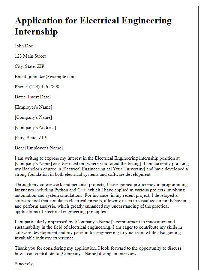 Letter template of internship application for electrical engineering showcasing software development abilities.