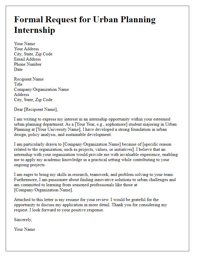 Letter template of formal request for urban planning internship