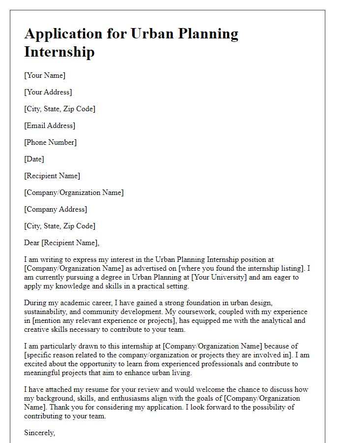 Letter template of internship application for urban planning position