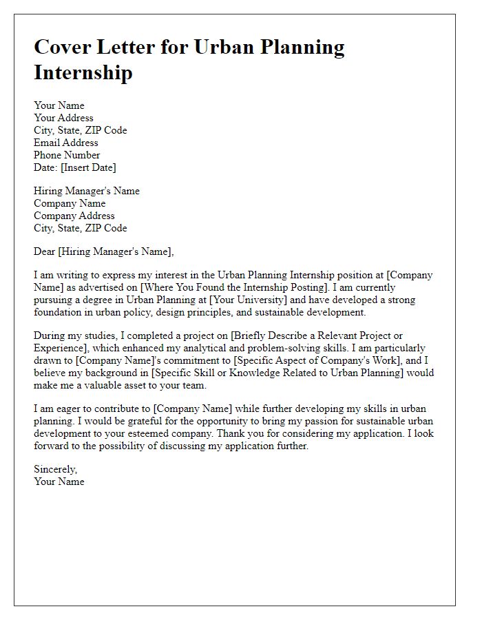 Letter template of internship cover letter for urban planning