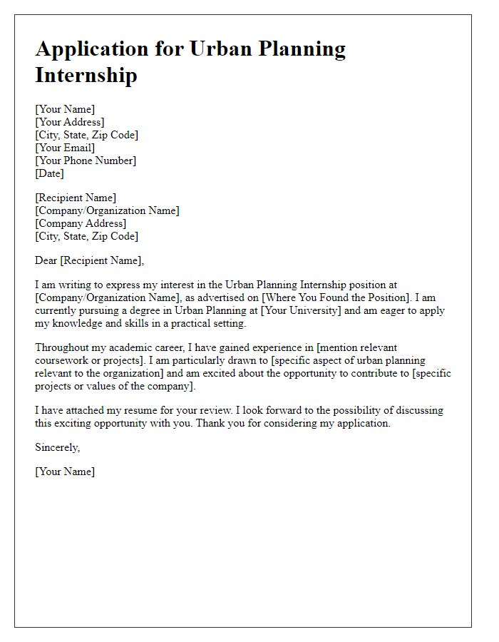 Letter template of urban planning intern application submission