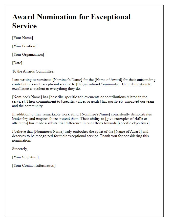 Letter template of Award Nomination for Exceptional Service