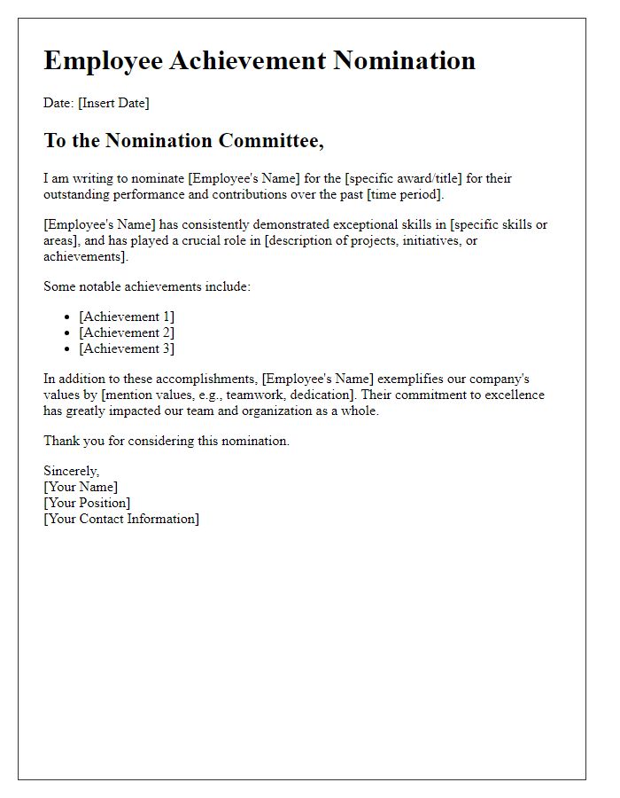 Letter template of Employee Achievement Nomination