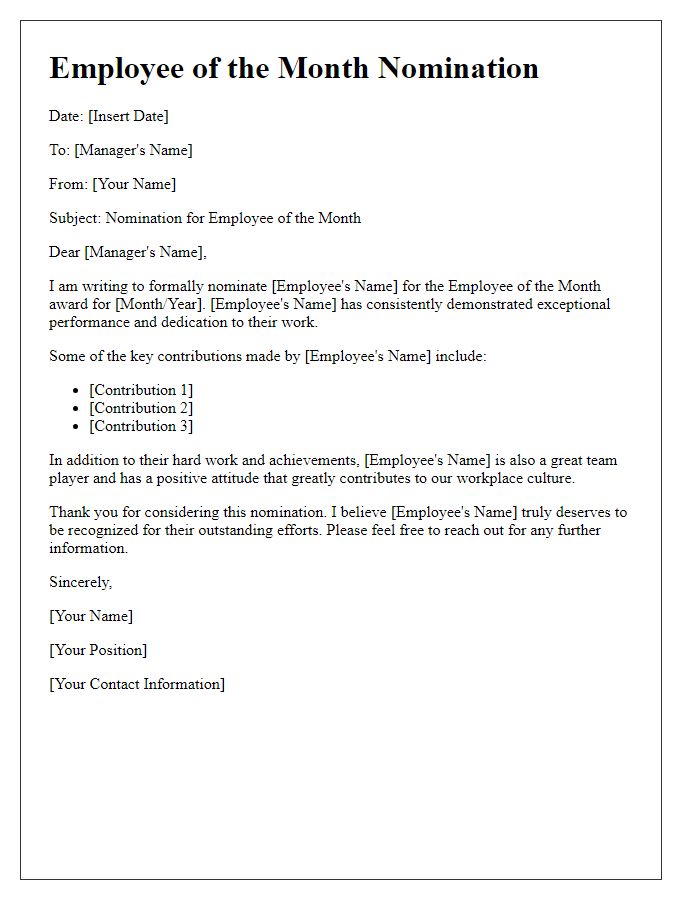 Letter template of Employee of the Month Nomination