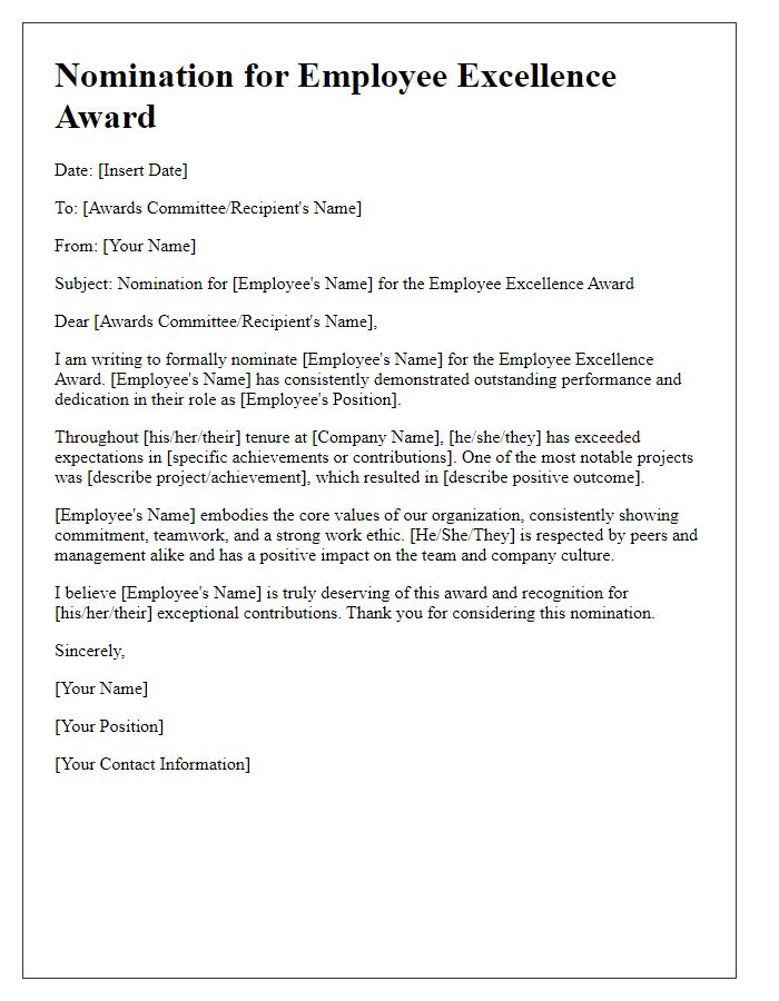 Letter template of Nomination for Employee Excellence Award