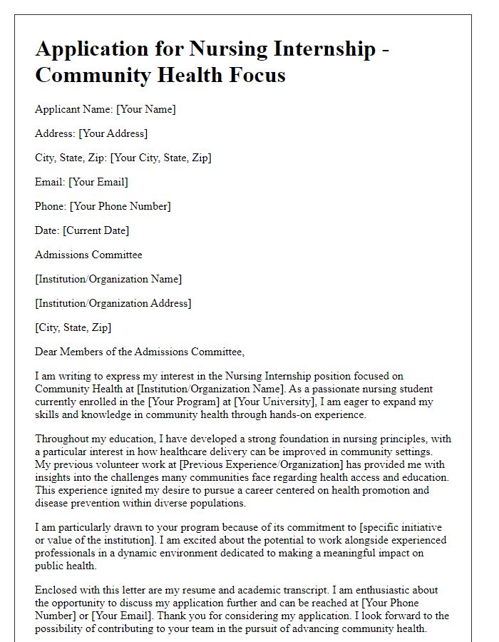 Letter template of nursing internship application for community health focus