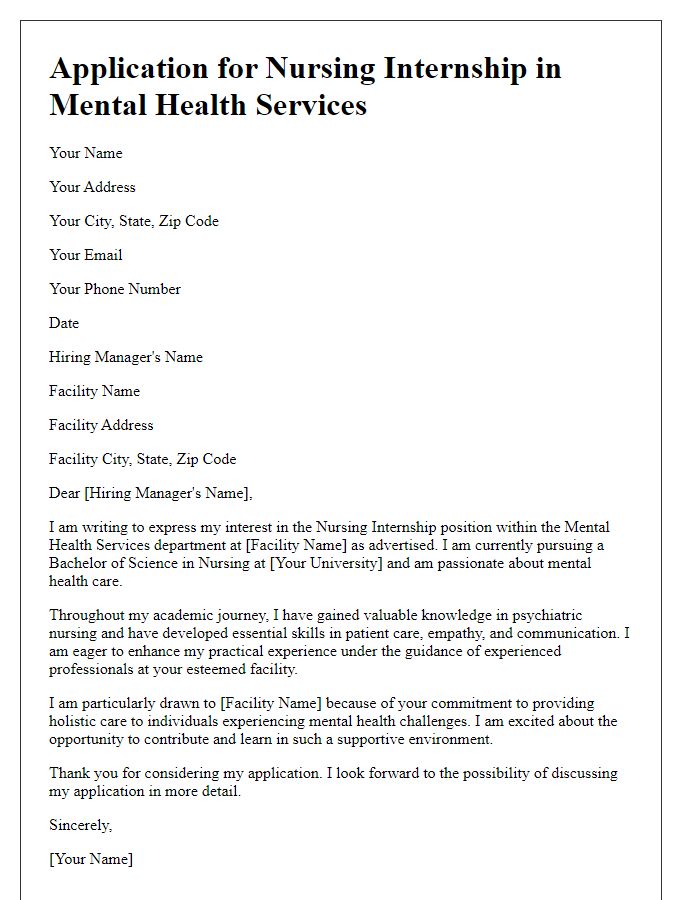 Letter template of nursing internship application for mental health services