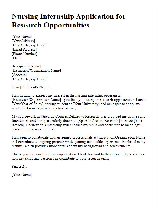 Letter template of nursing internship application for research opportunities