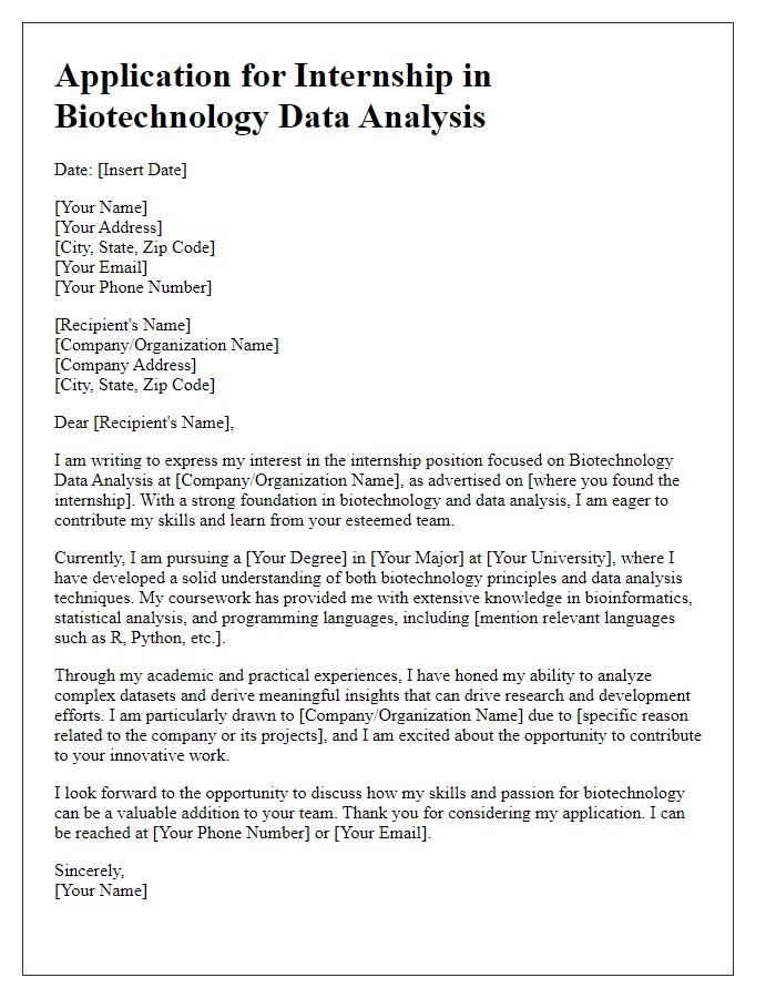 Letter template of internship application for biotechnology data analysis