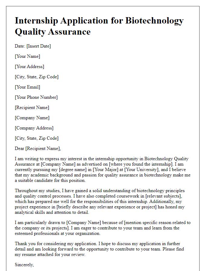 Letter template of internship application for biotechnology quality assurance