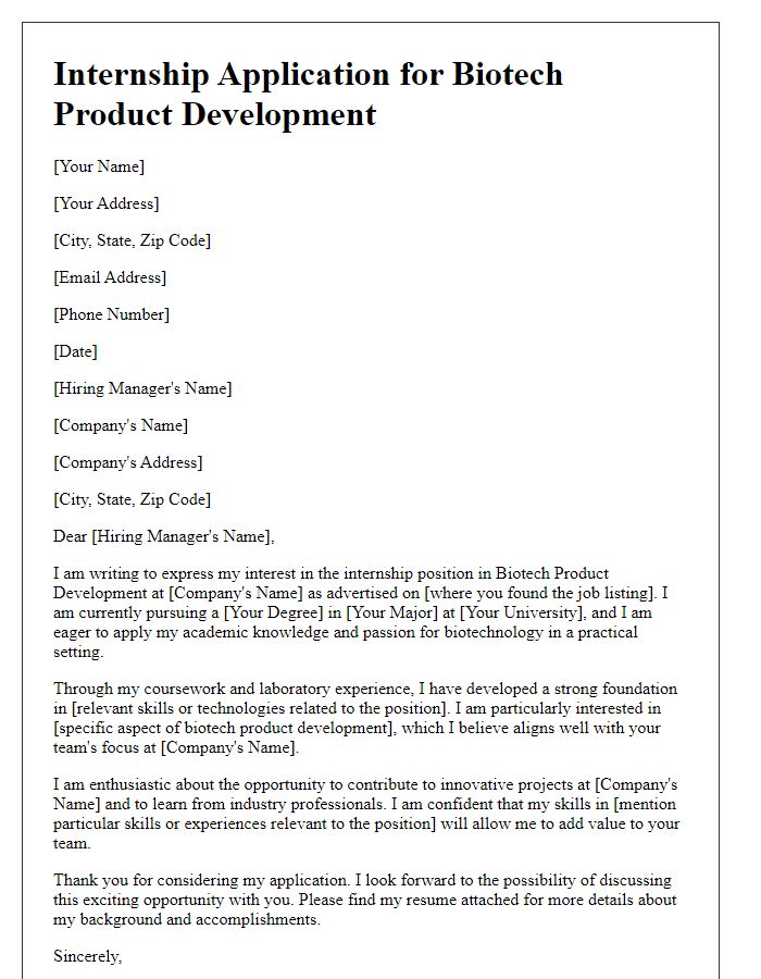 Letter template of internship application in biotech product development