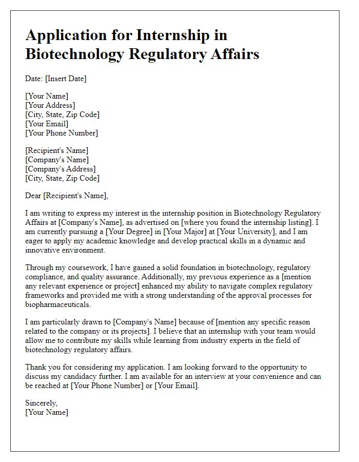 Letter template of internship application in biotechnology regulatory affairs