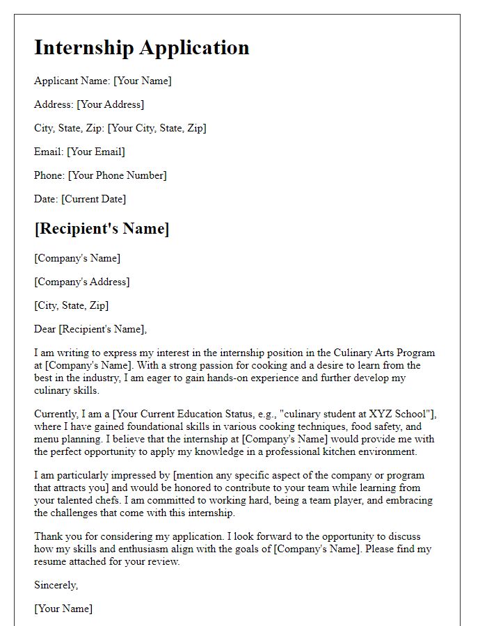 Letter template of internship application for culinary arts program.