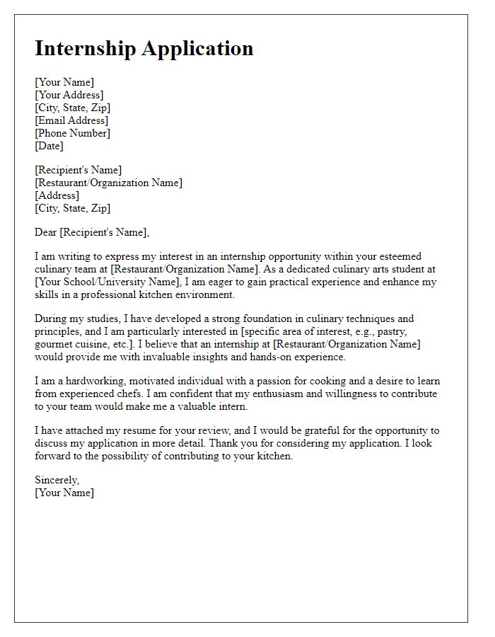 Letter template of internship application in culinary arts for students.