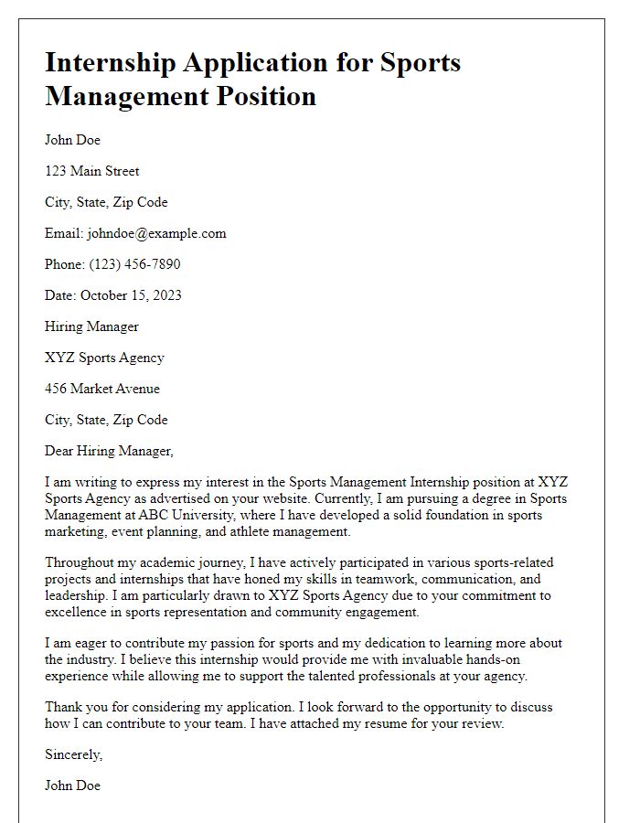 Letter template of internship application for aspiring sports managers