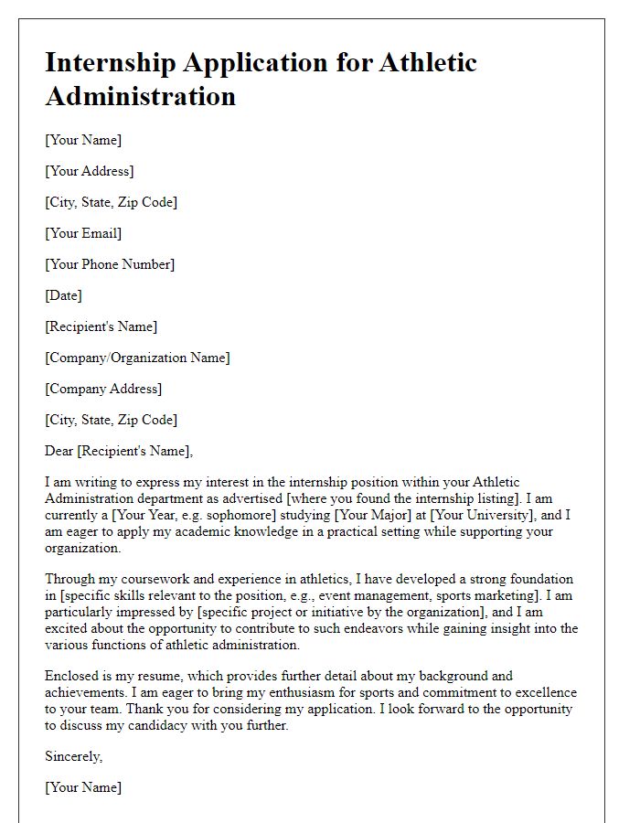 Letter template of internship application for athletic administration