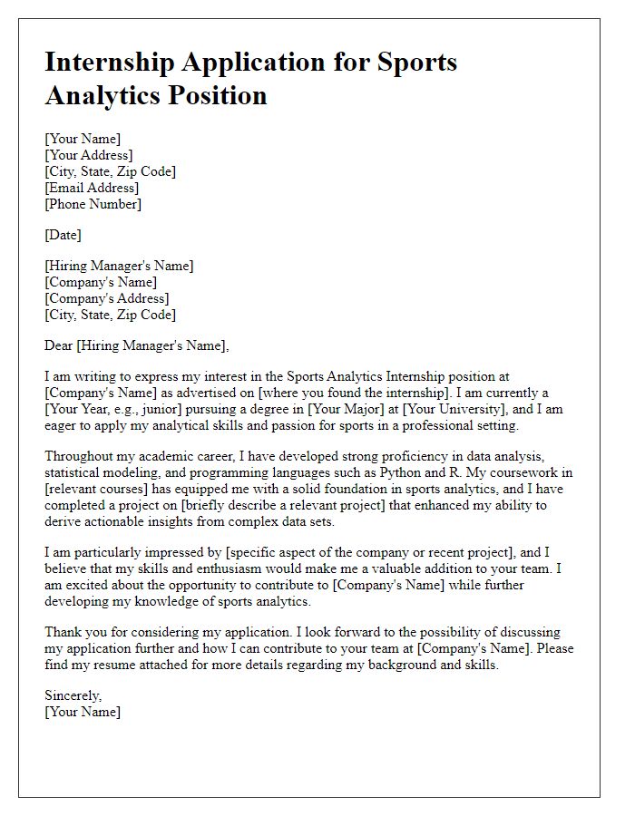 Letter template of internship application for sports analytics internships