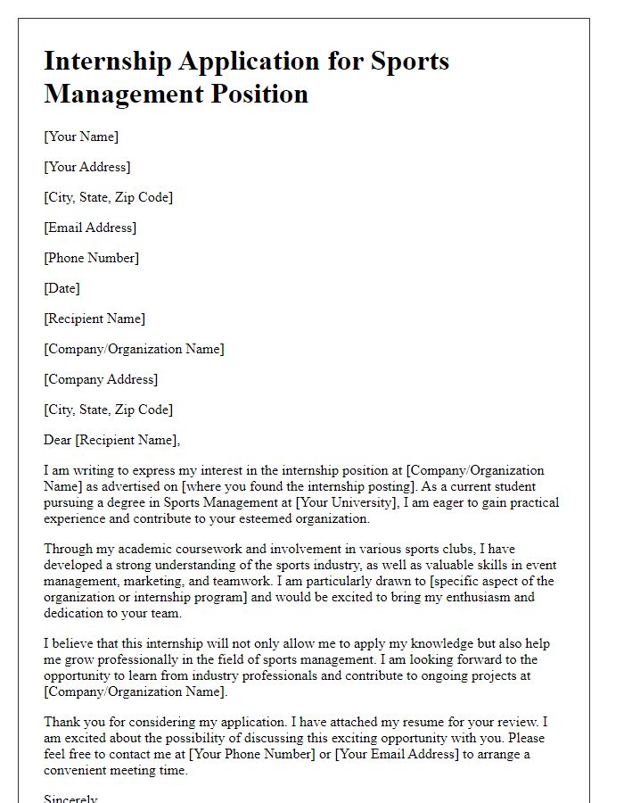 Letter template of internship application for sports management degree candidates