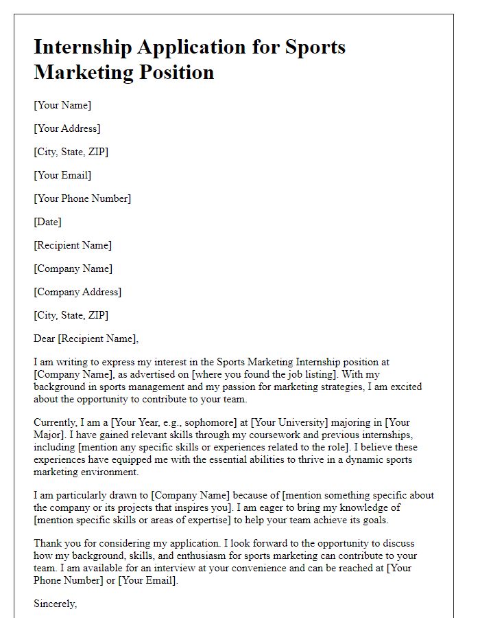 Letter template of internship application for sports marketing positions