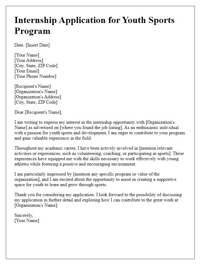 Letter template of internship application for youth sports programs