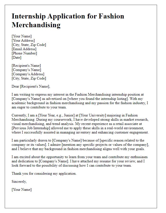 Letter template of internship application for fashion merchandising experience