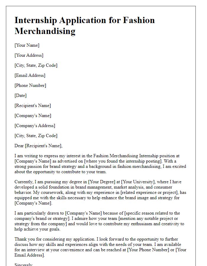 Letter template of internship application for fashion merchandising with a focus on brand strategy