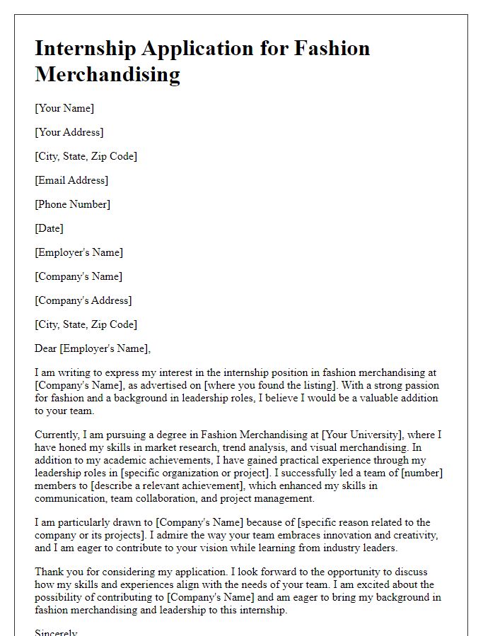 Letter template of internship application for fashion merchandising with leadership experience