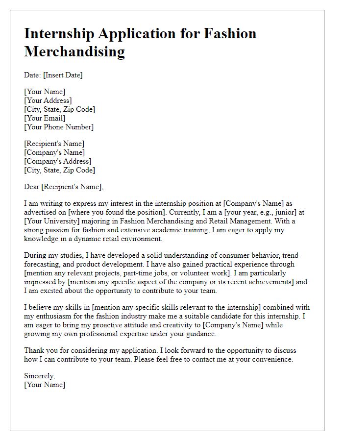 Letter template of internship application focused on fashion merchandising and retail management