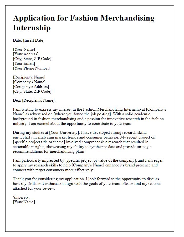 Letter template of internship application highlighting fashion merchandising research abilities