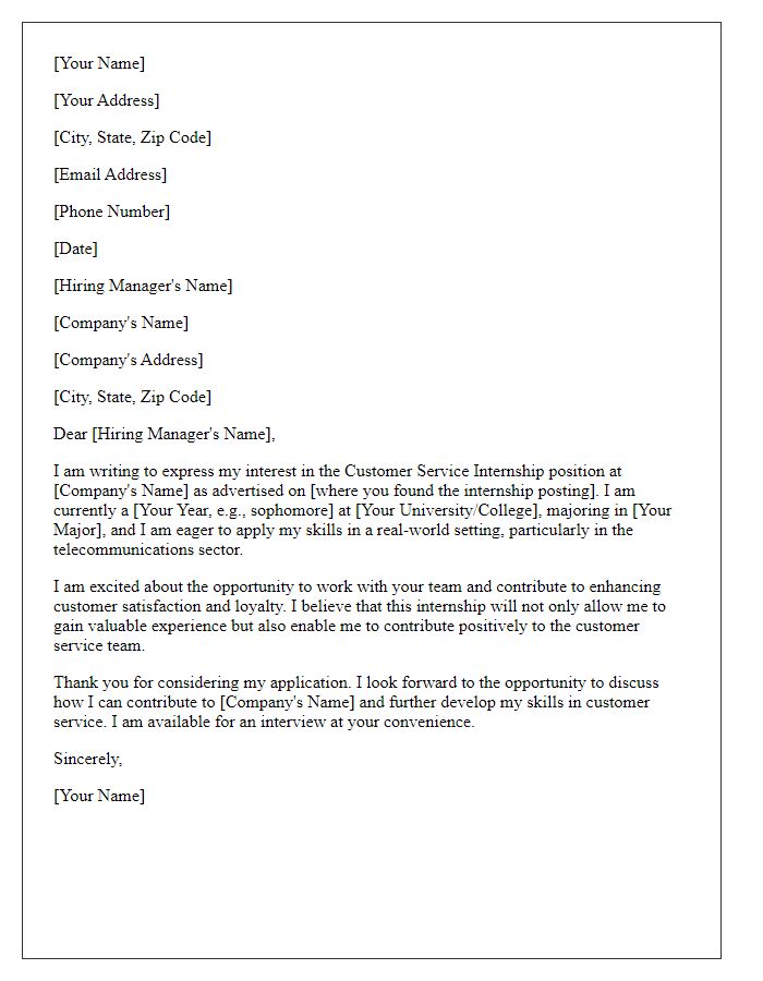 Letter template of internship application for customer service in telecommunications.