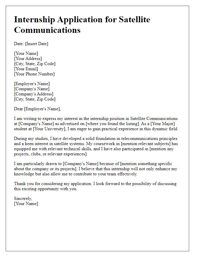 Letter template of internship application for satellite communications.