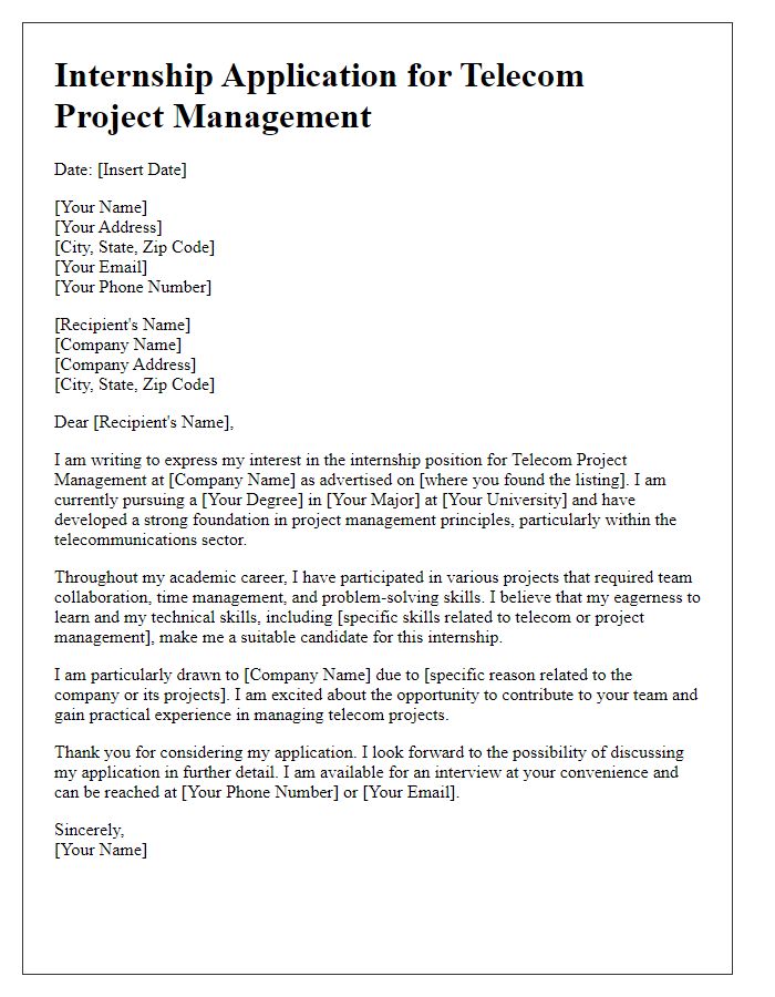 Letter template of internship application for telecom project management.