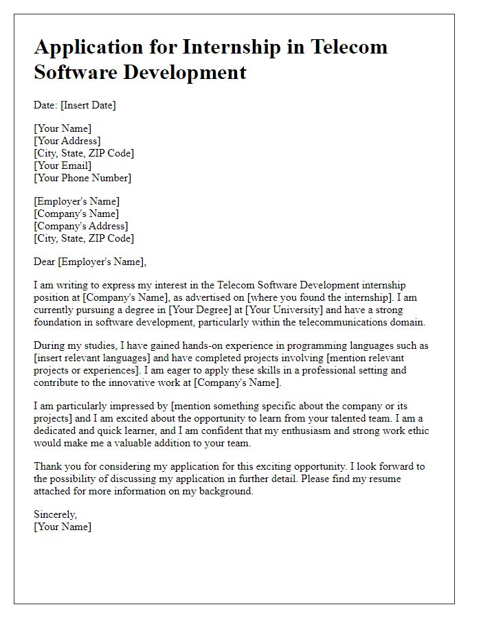 Letter template of internship application for telecom software development.